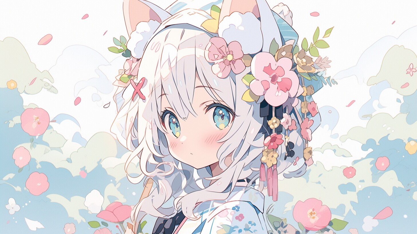 花びら舞う白猫の春の微笑み