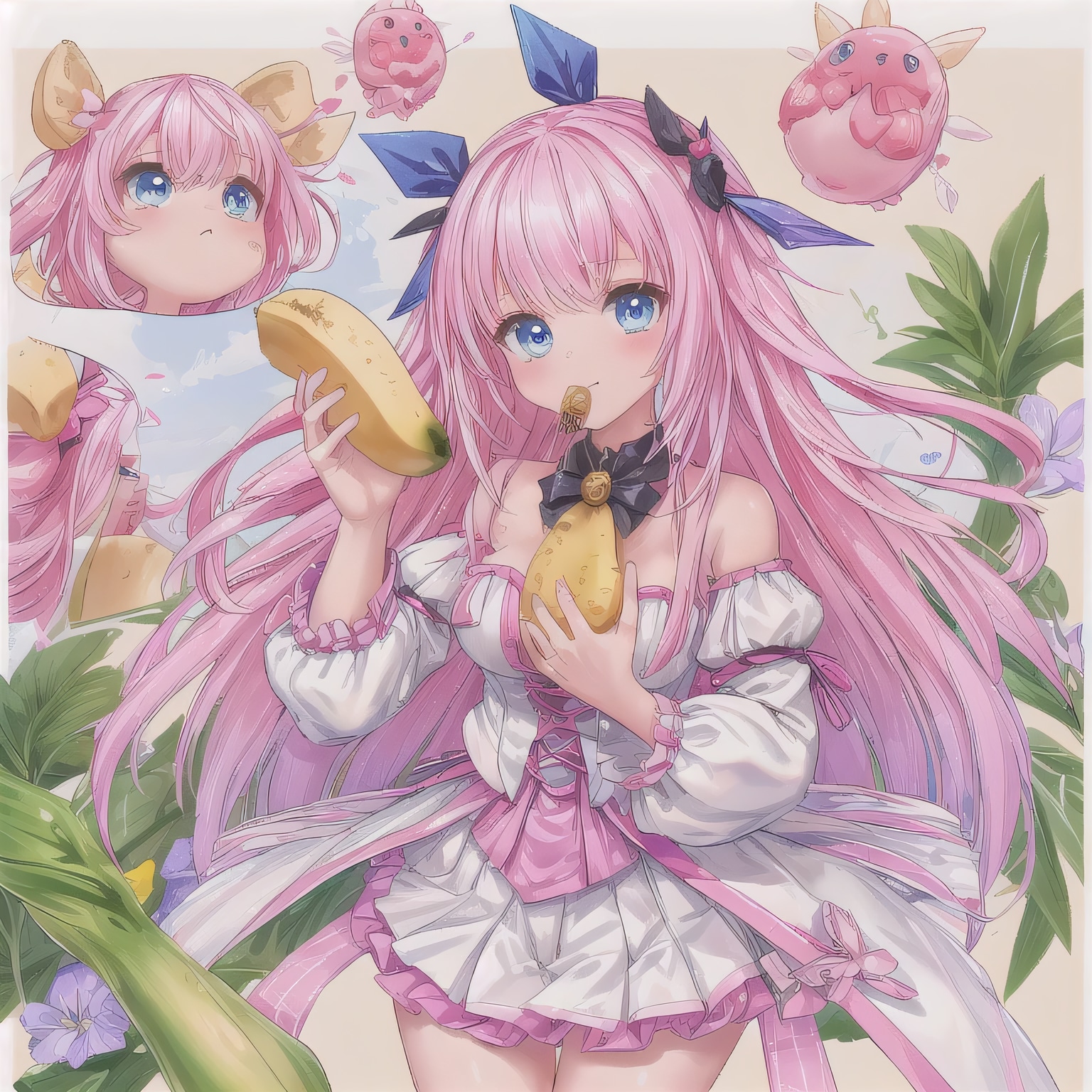 ピンク髪ロングでバナナの少女 | の人気AIイラスト・グラビア