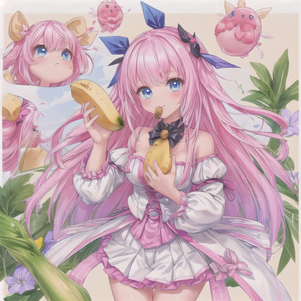 ピンク髪ロングでバナナの少女