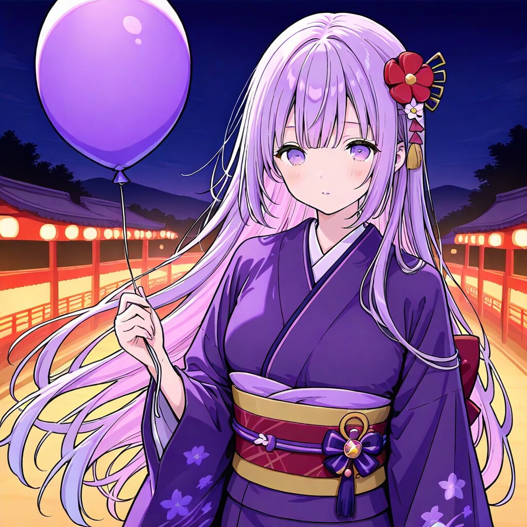 紫色の風船を持つ紫髪ロングの着物美女