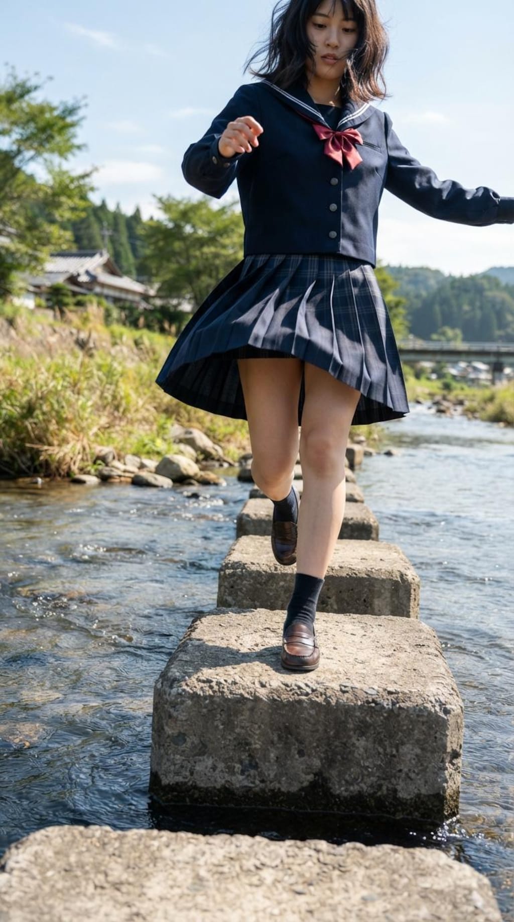 女子高生の川渡り1