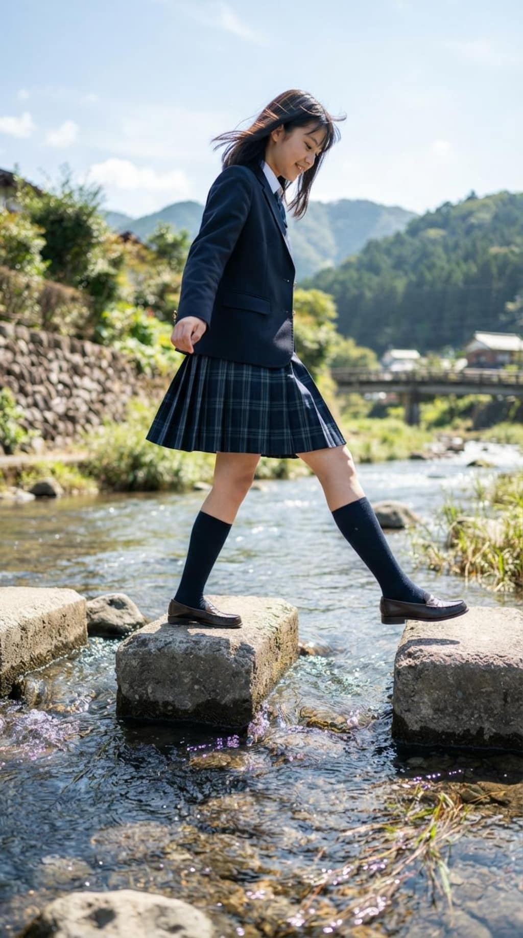 女子高生の川渡り1