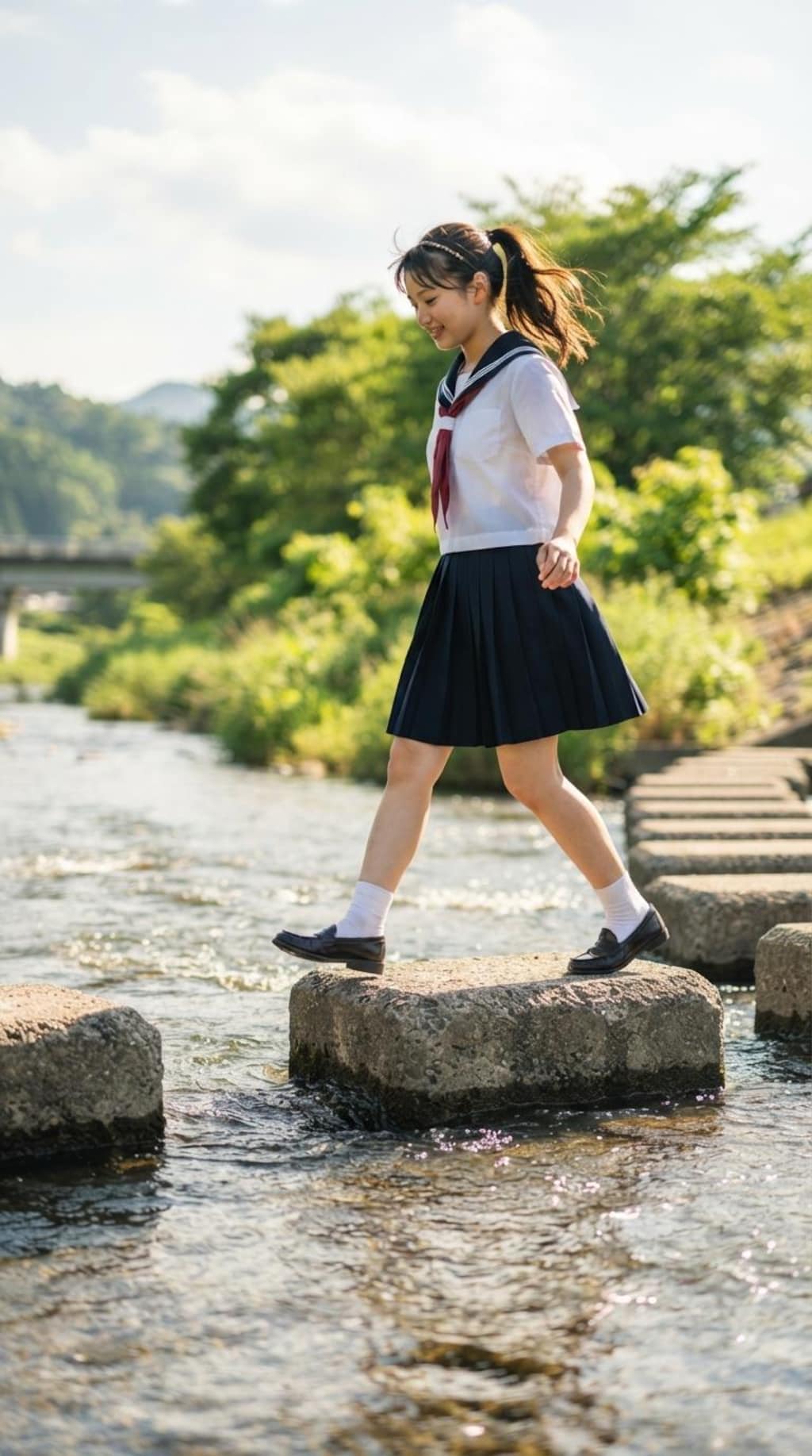 女子高生の川渡り1