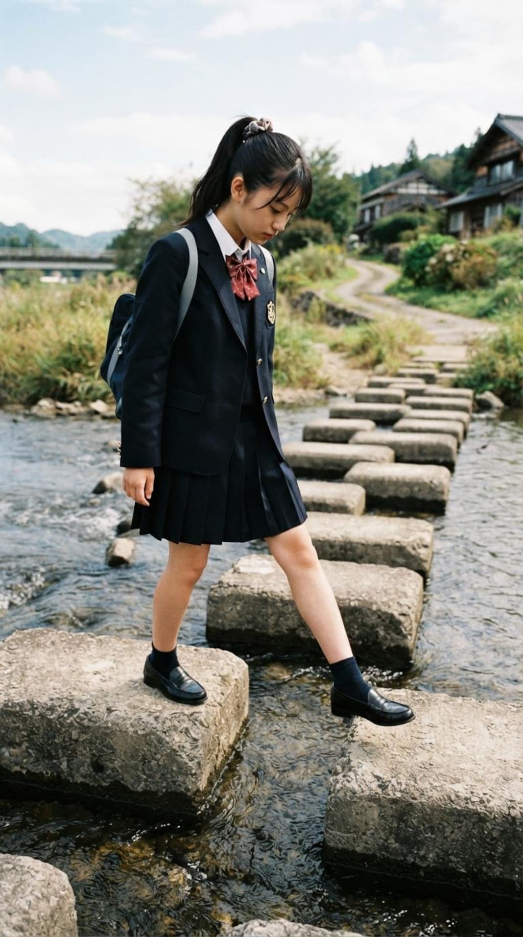 女子高生の川渡り1