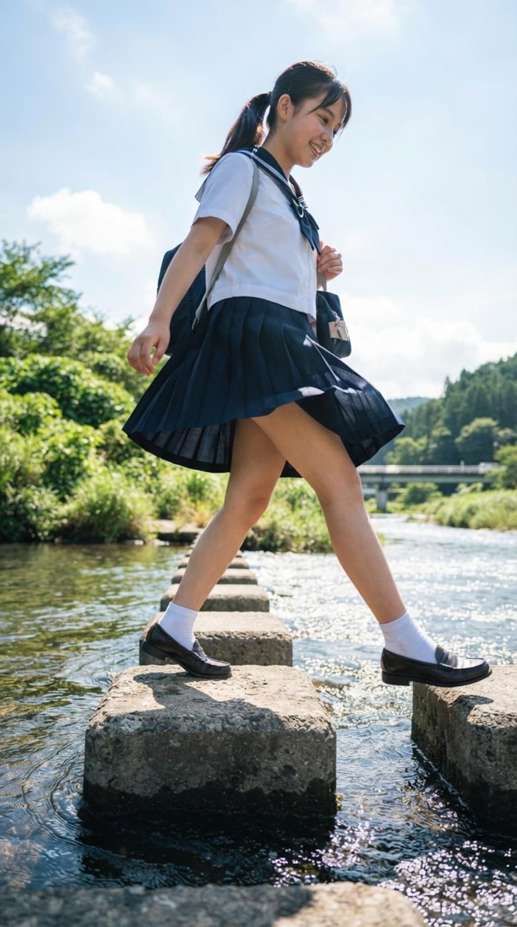 女子高生の川渡り1