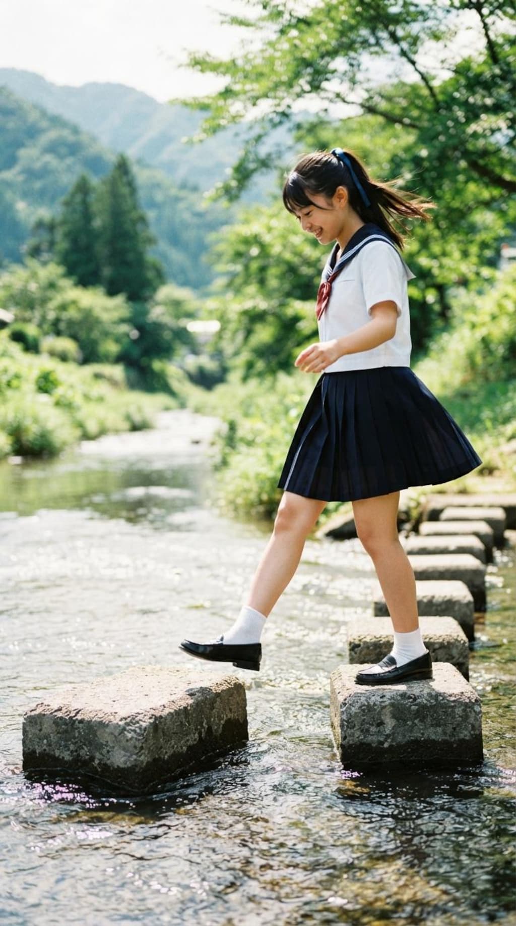 女子高生の川渡り1