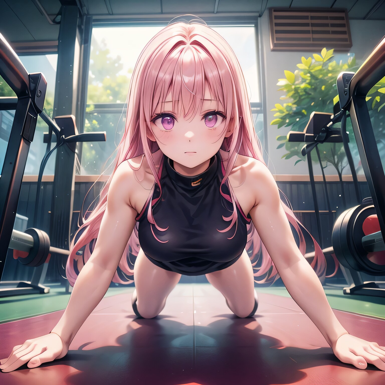 ピンク髪ロングで筋トレの少女２ | の人気AIイラスト・グラビア