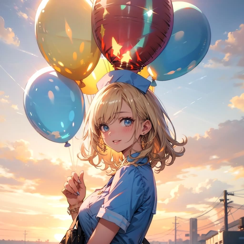 いっぱい風船を持つブロンドロングのナース服の美女。 | の人気AIイラスト・グラビア
