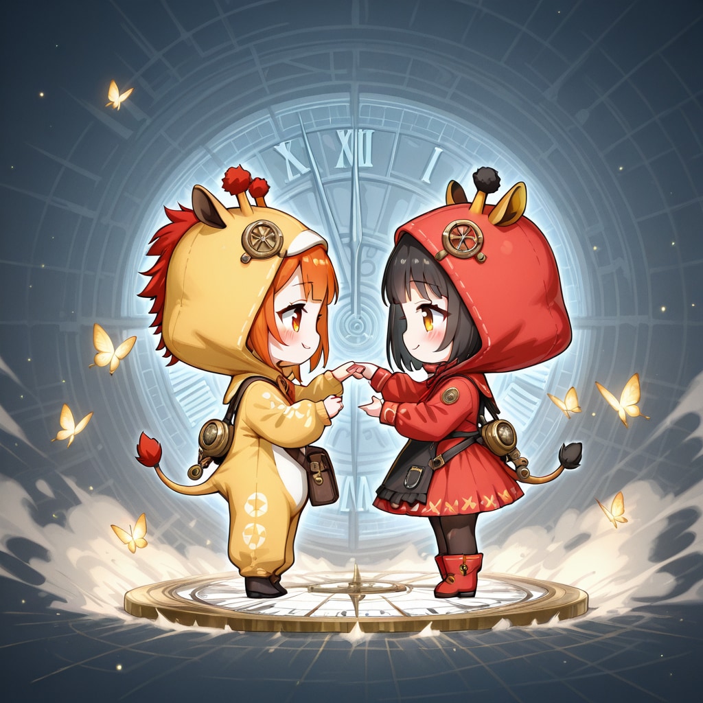 時計モチーフとキリン着ぐるみちび子ちゃん