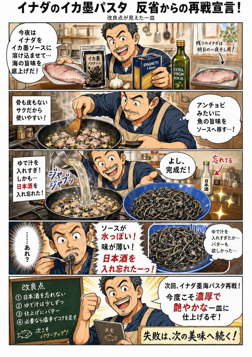今日の料理　イナダのパスタイカ墨ソース