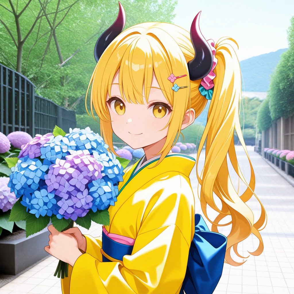 紫陽花と着物女鬼高生さん