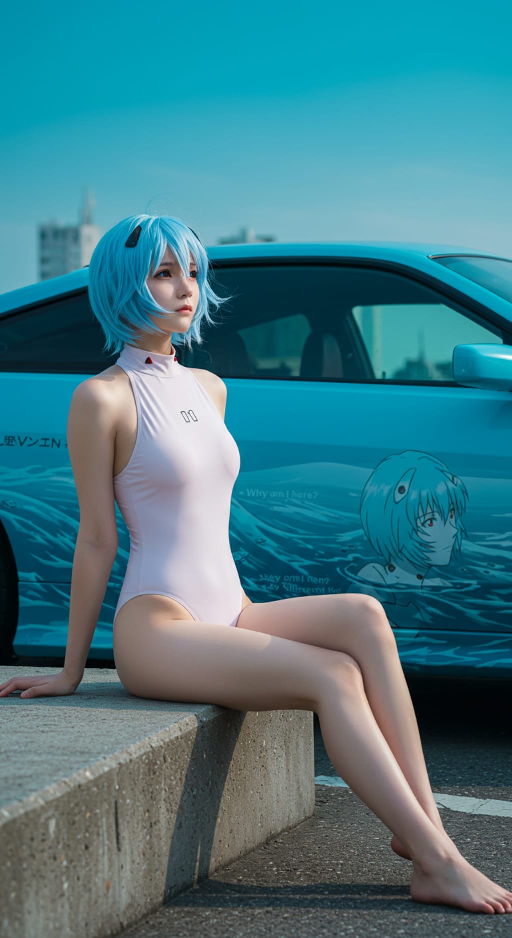 「静寂の青、駆け抜ける幻想—痛車とともに」