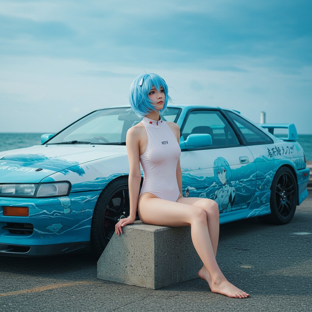 「静寂の青、駆け抜ける幻想—痛車とともに」