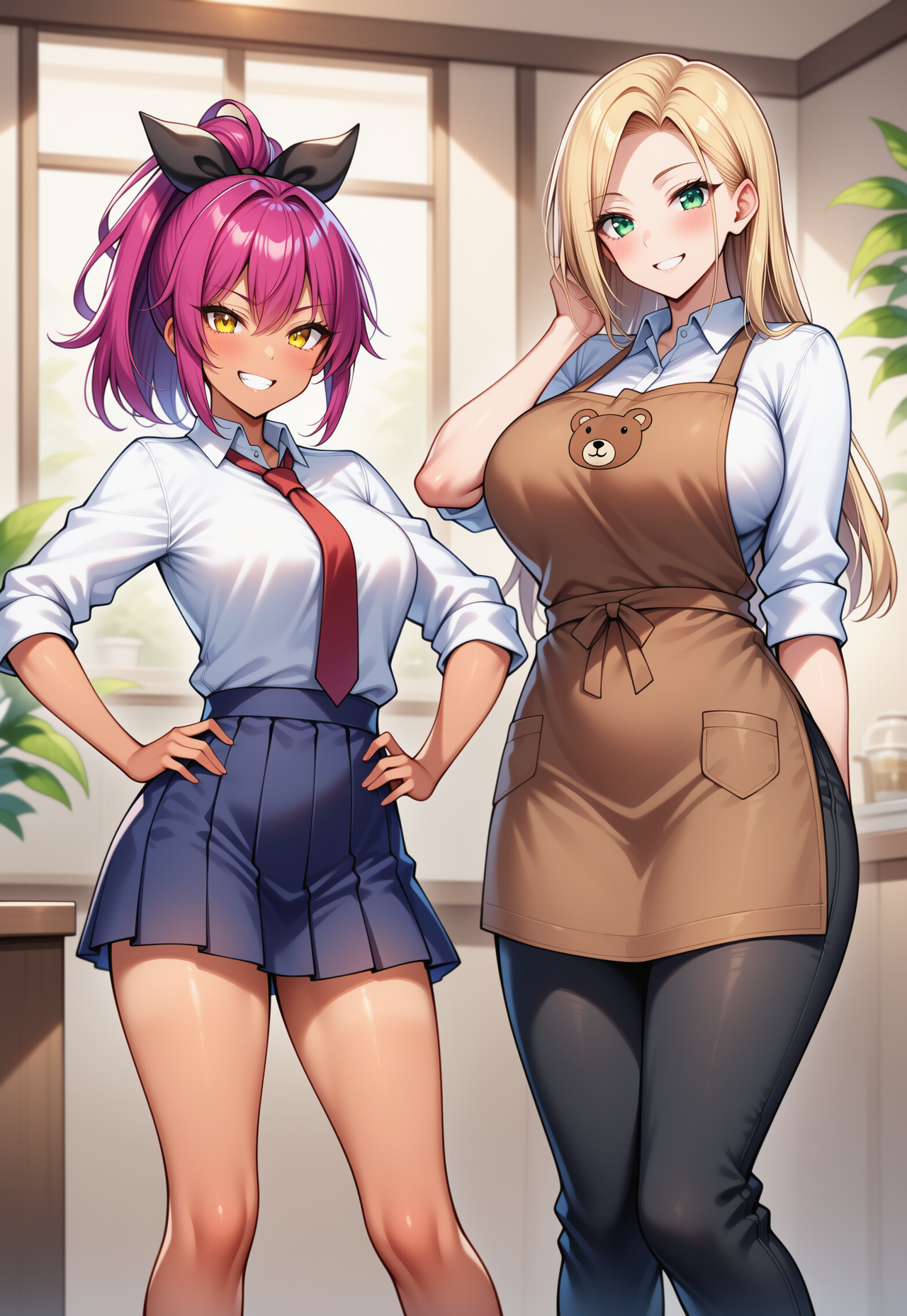 渚沙と香里奈　制服姿とエプロン姿
