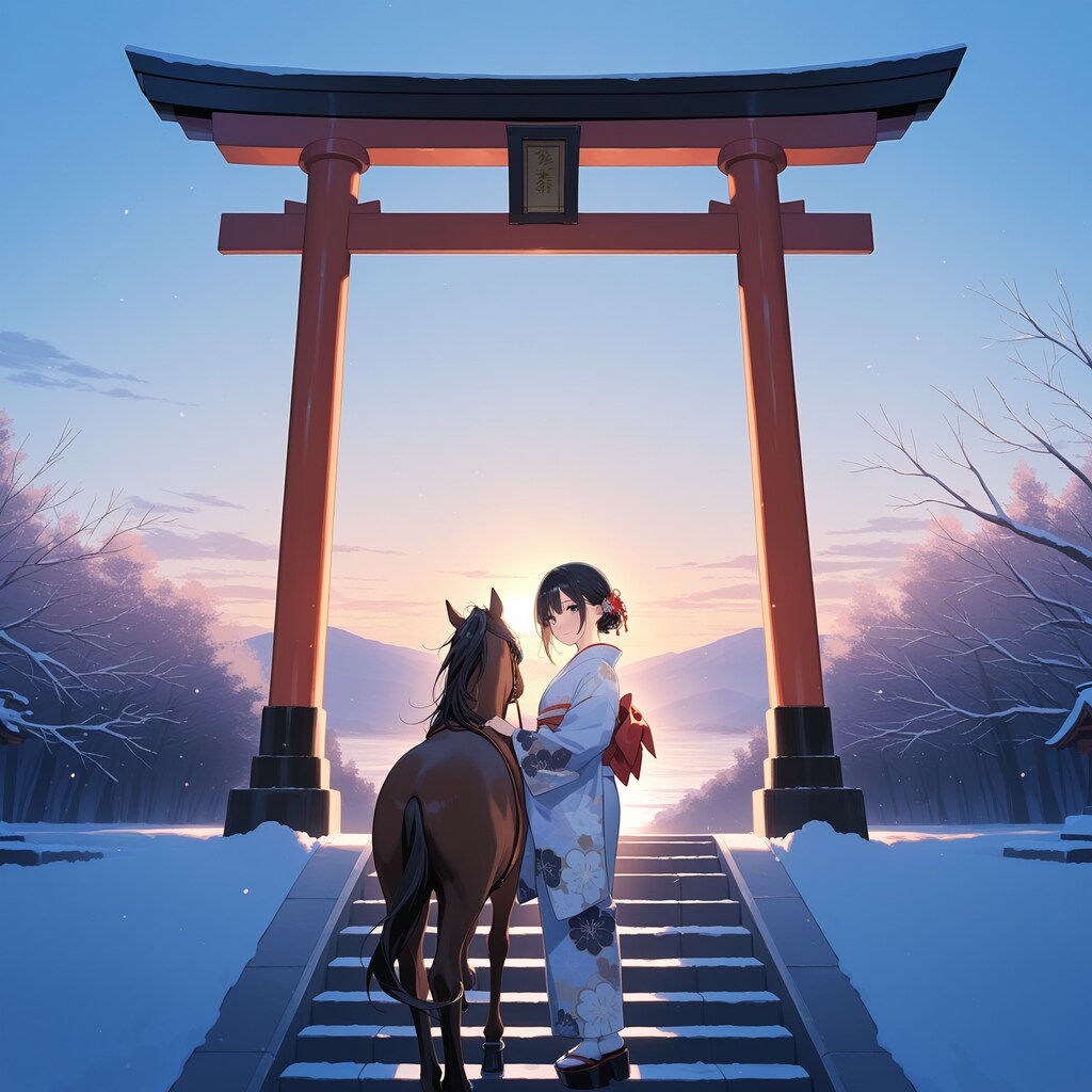 馬とともに新年を迎える少女