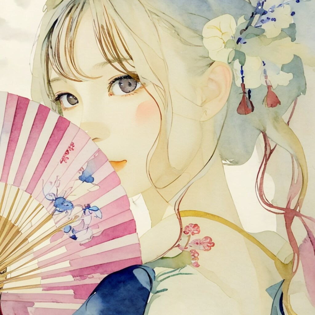 扇子の女（水彩）