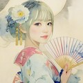 扇子の女（水彩） 3枚目