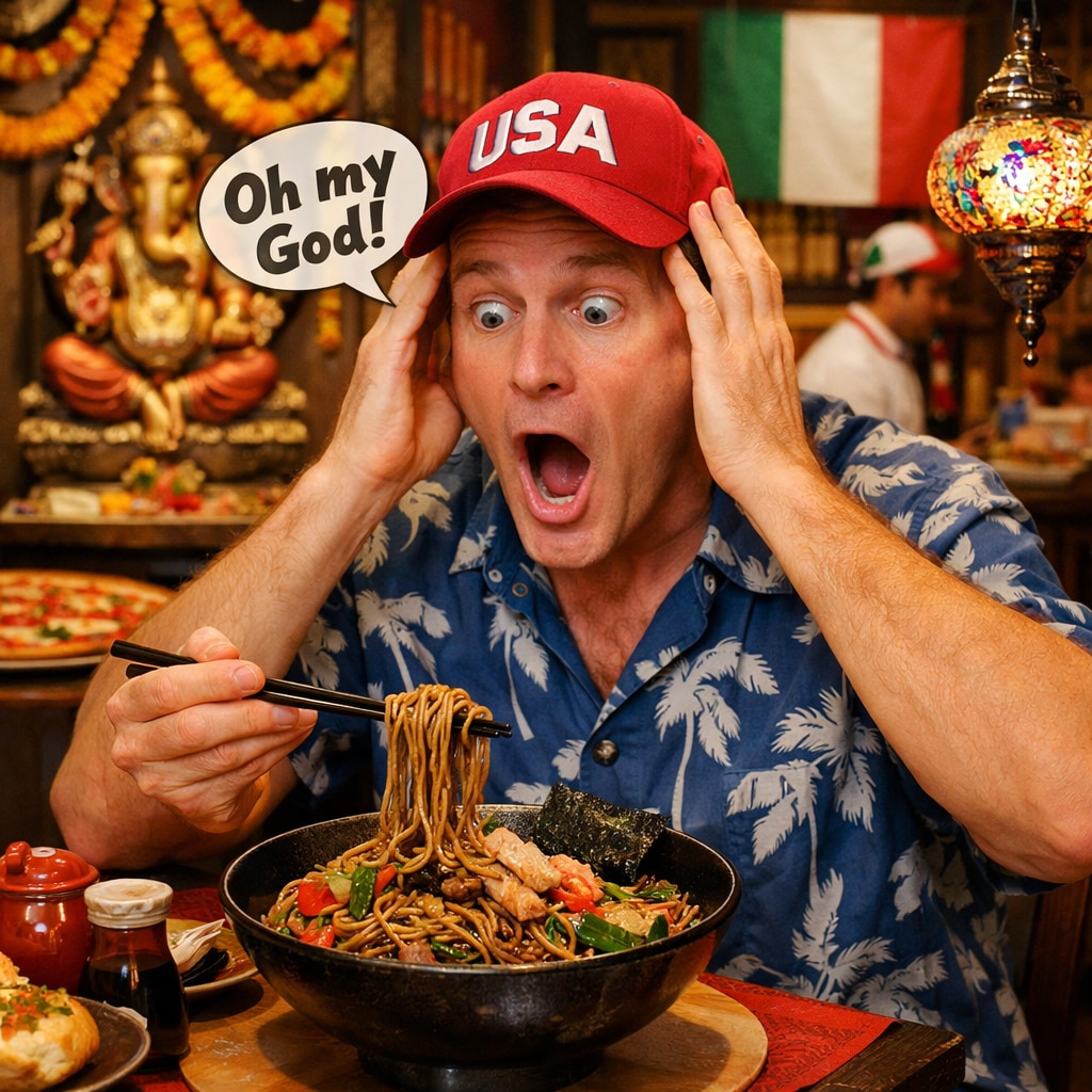 アメリカ人がインドのイタリアン料理店で中華風日本そばを食べてオーマイガッと言っているところ | の人気AIイラスト・グラビア