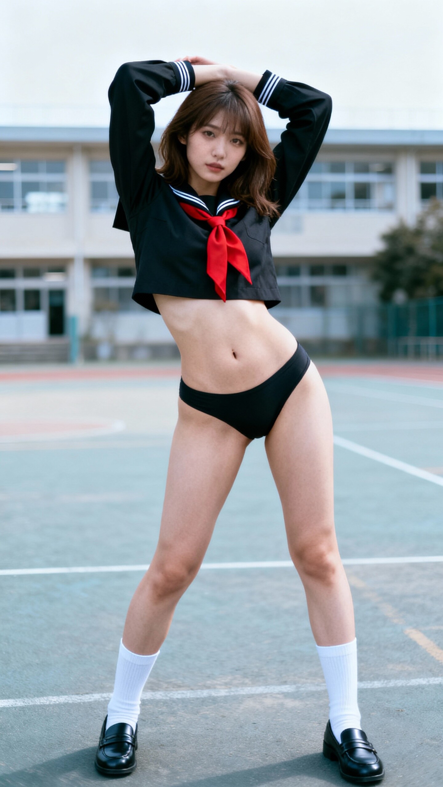 へそ出し海水パンツのセーラー服女学生