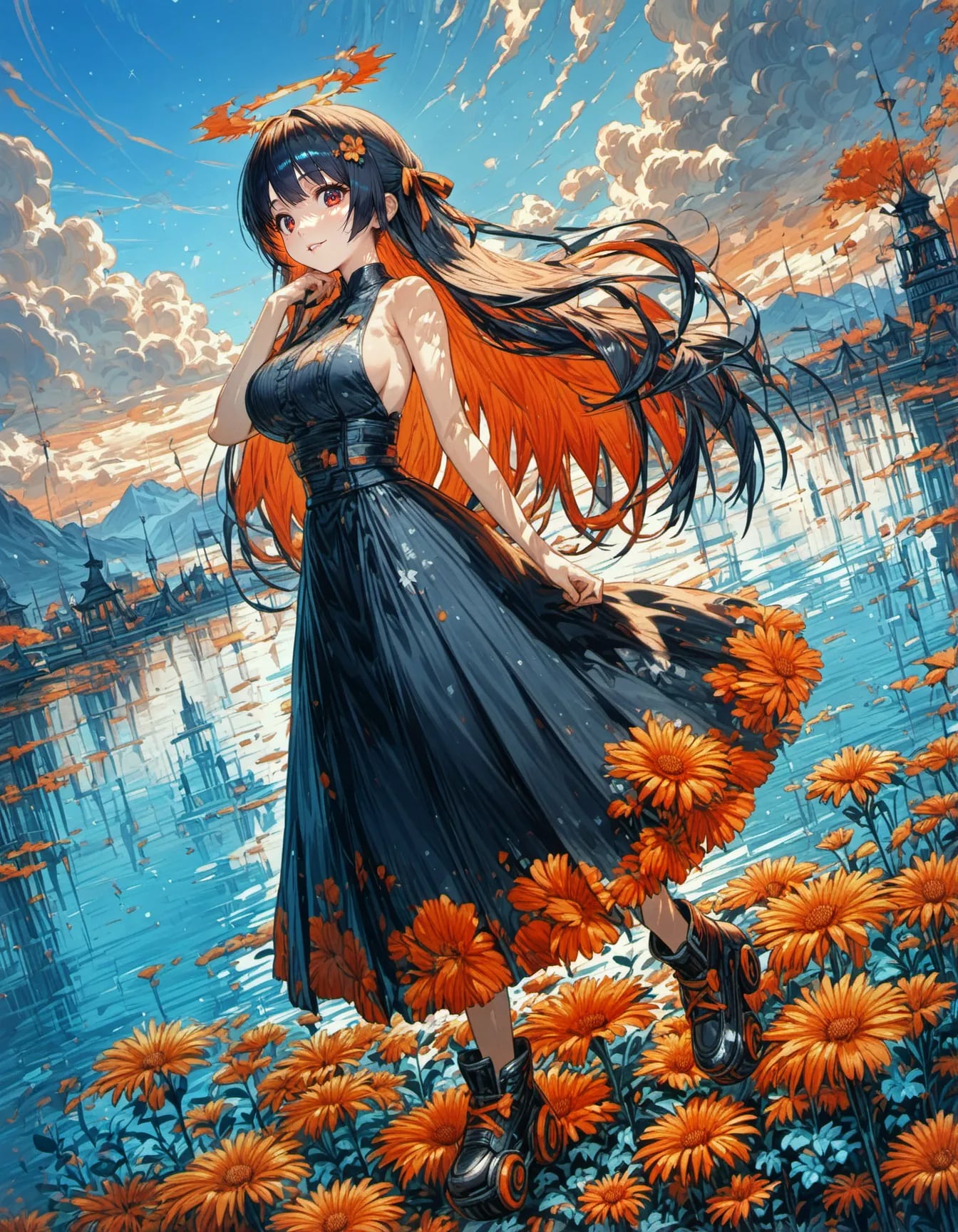 Black Dress, Orange Fire | の人気AIイラスト・グラビア