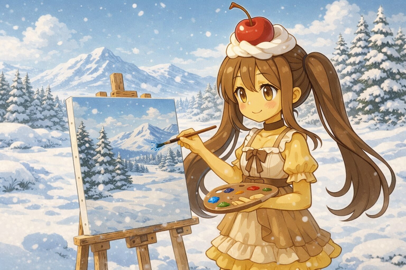 雪原で写生をしているカラメルプリンスライムちゃん | の人気AIイラスト・グラビア