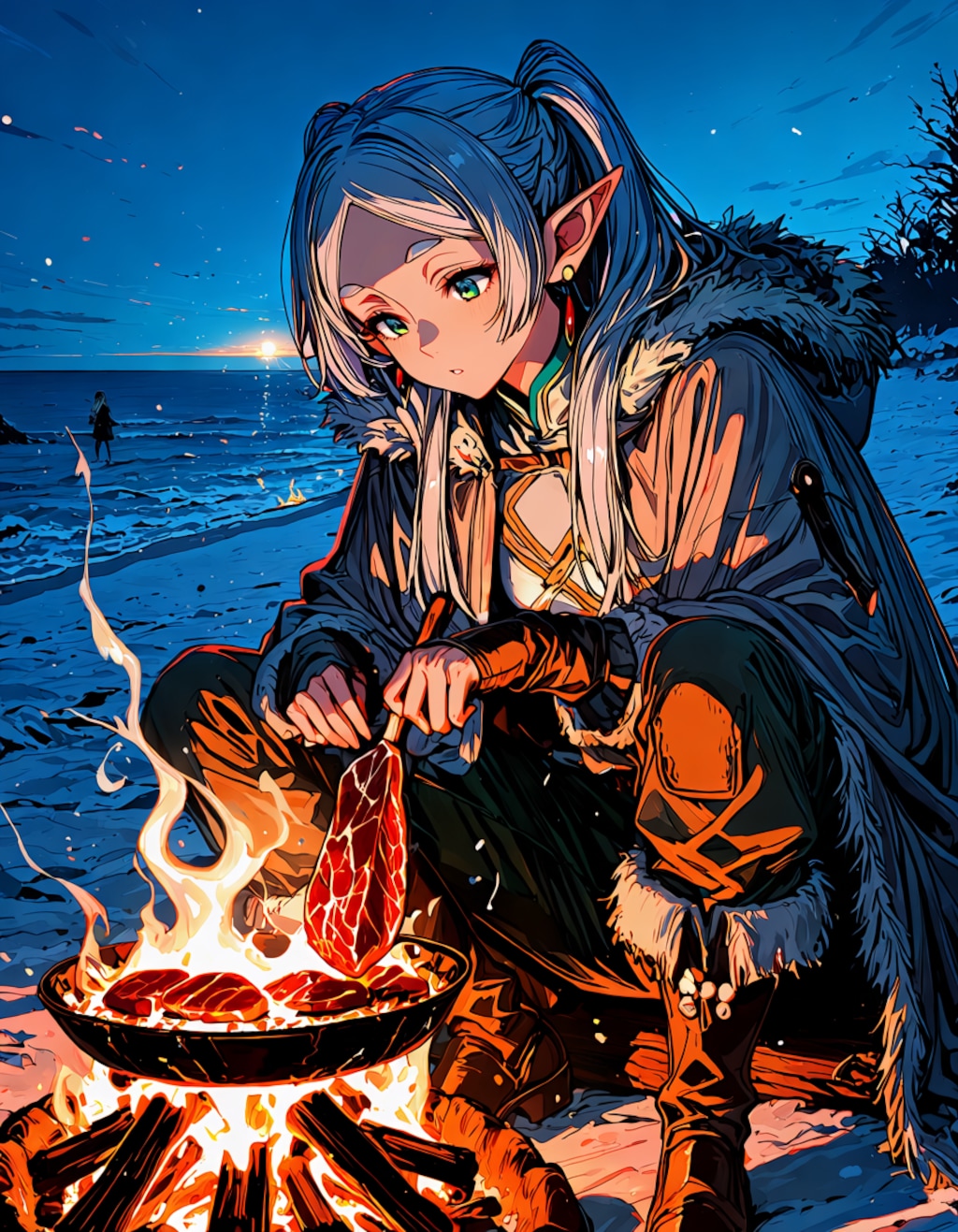 海辺でキャンプをするエルフ (Anima)