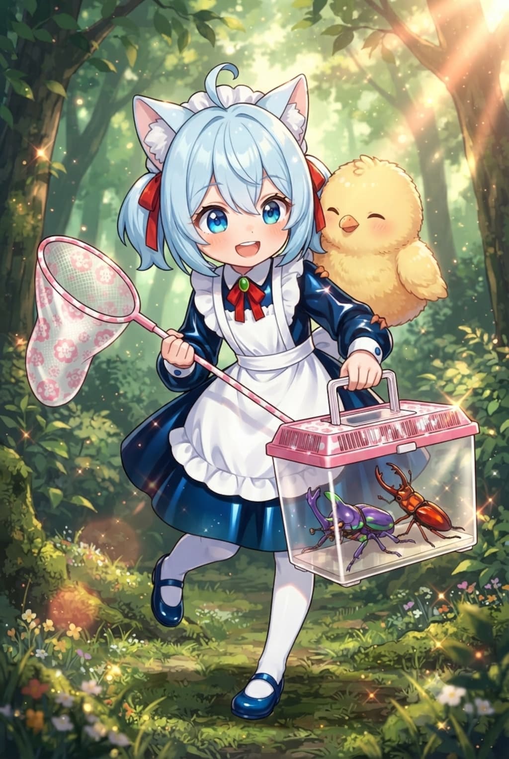 猫耳ちゃんとひよこ　虫とり