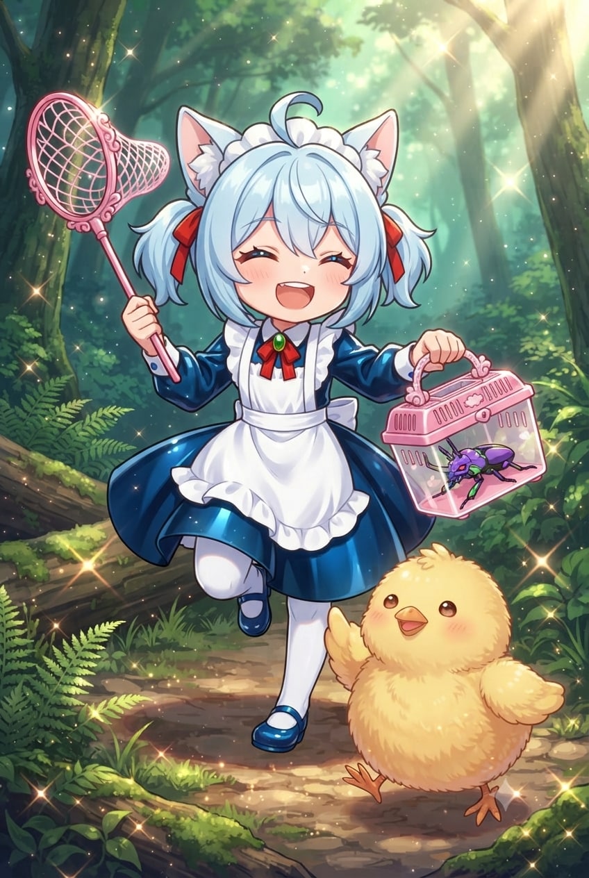 猫耳ちゃんとひよこ　虫とり | の人気AIイラスト・グラビア