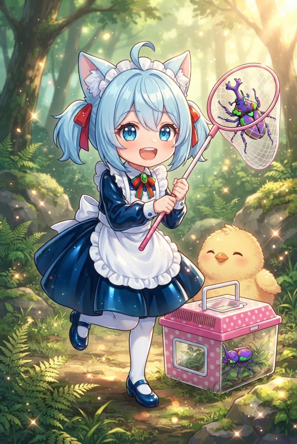 猫耳ちゃんとひよこ　虫とり