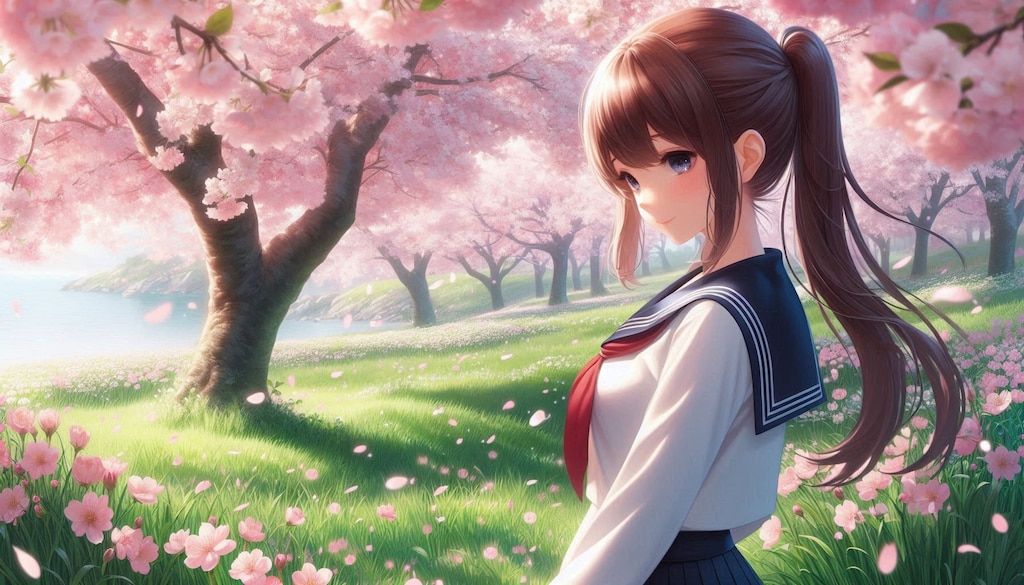 桜、セーラー服、ポニーテール