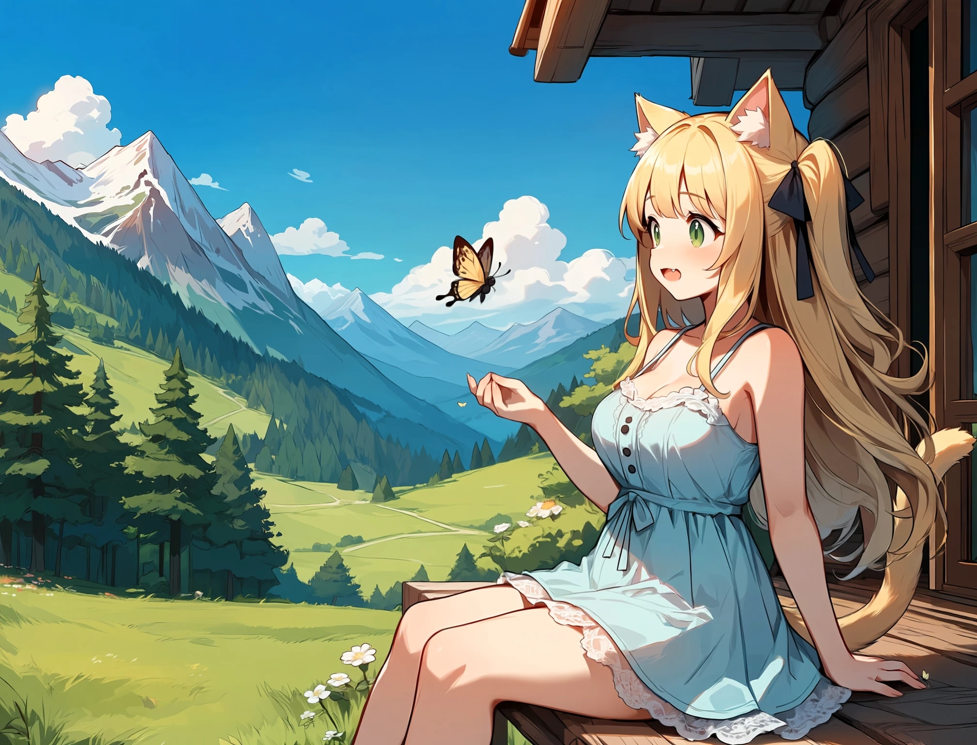高原のそよ風に微笑む猫耳の少女