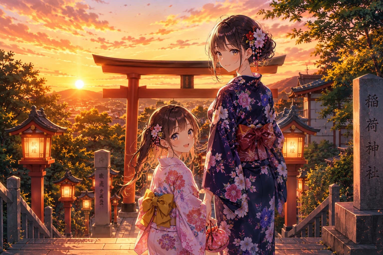 夕日と姉妹