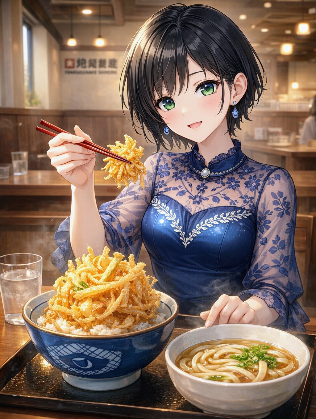 かき揚げ丼とうどんを食べる藍音ちゃん
