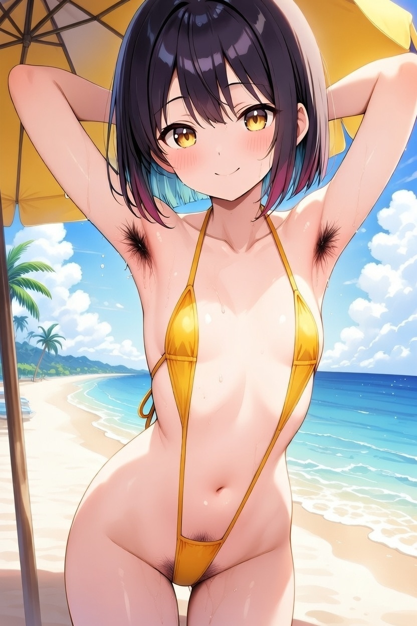 未処理の腋と下の毛を見せつける紐ビキニ少女