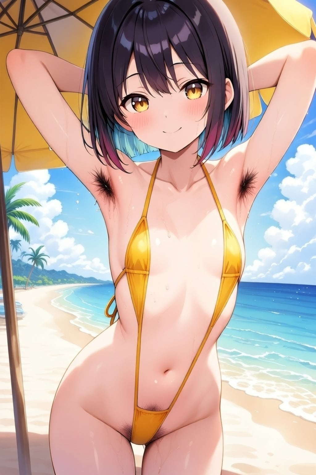 未処理の腋と下の毛を見せつける紐ビキニ少女