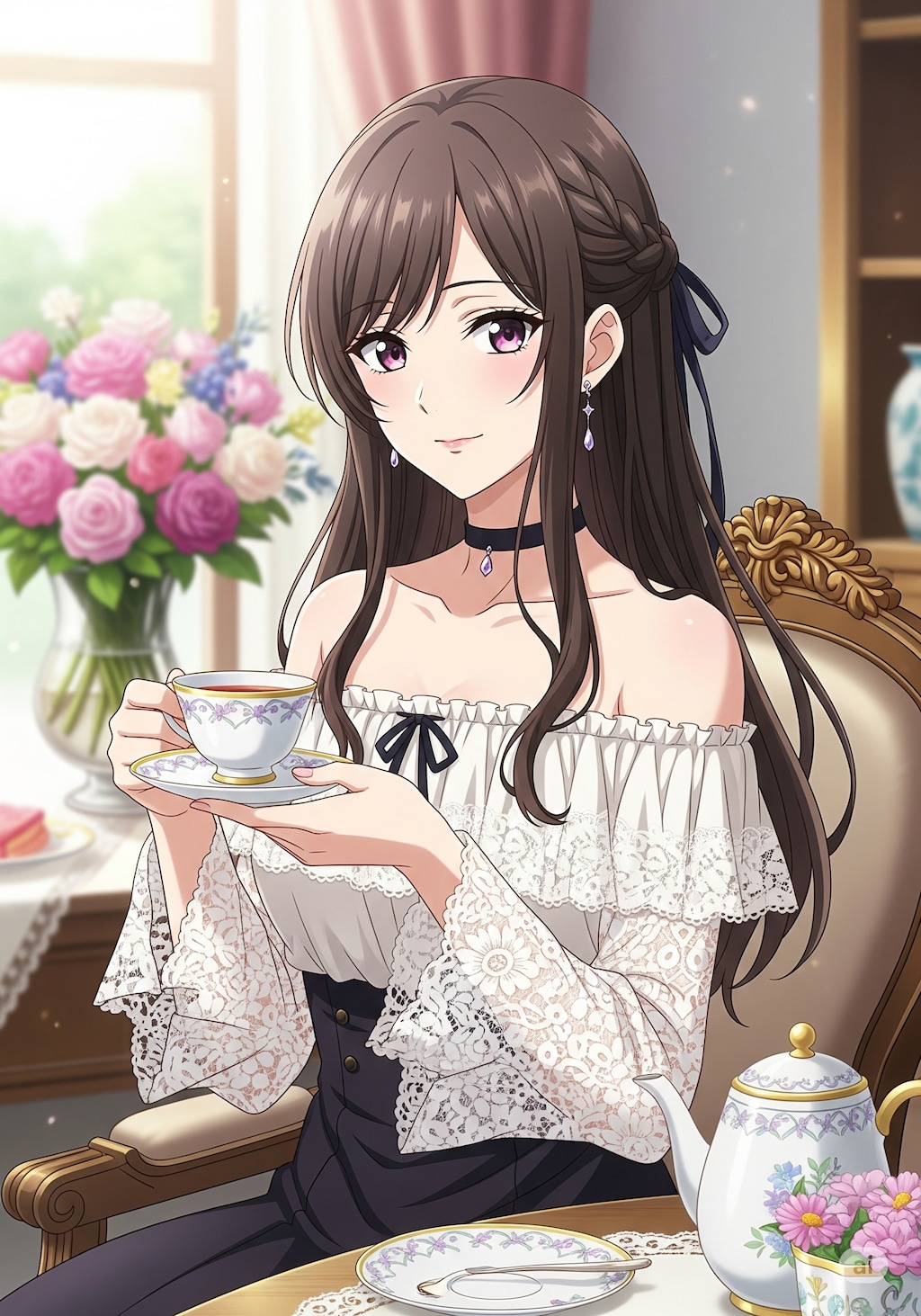 試験的画像生成　「ティータイムの美女」