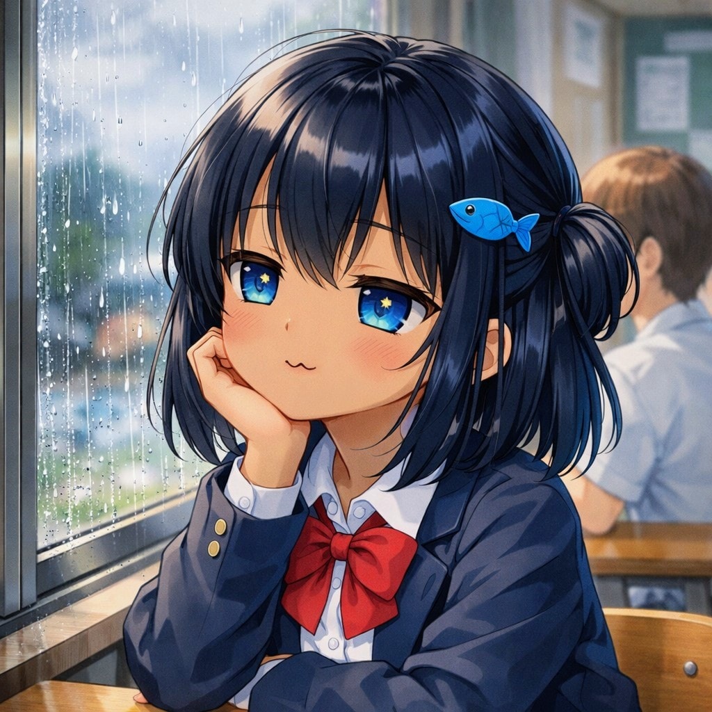 雨の日に物思いにふけるこなつちゃん