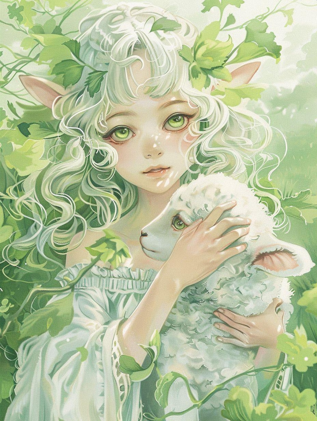 薄緑の女の子と子羊と