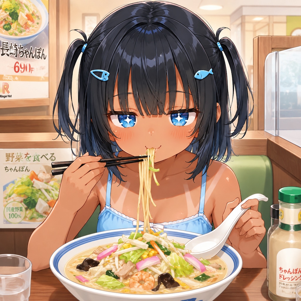 長崎ちゃんぽんを食べるこなつちゃん