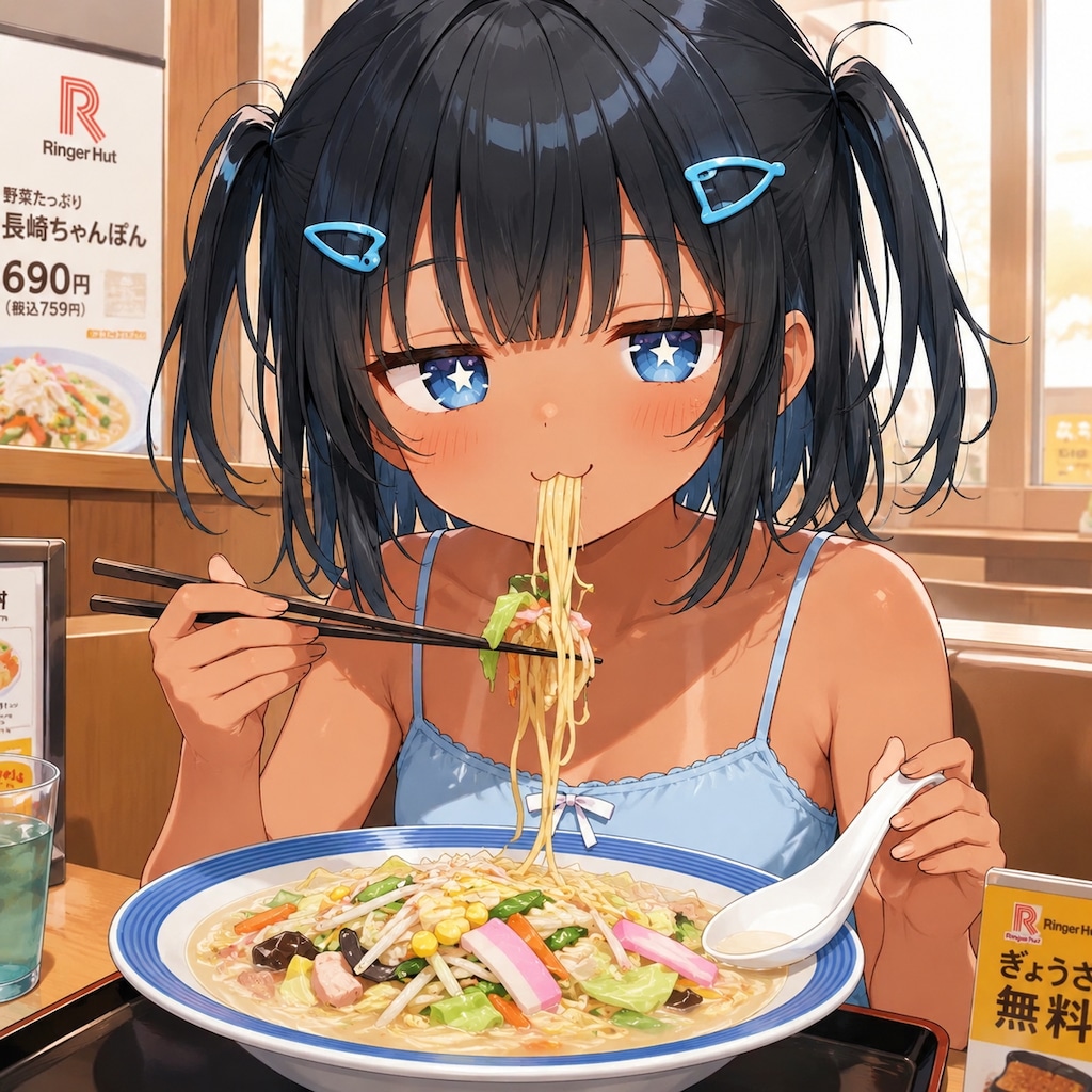長崎ちゃんぽんを食べるこなつちゃん