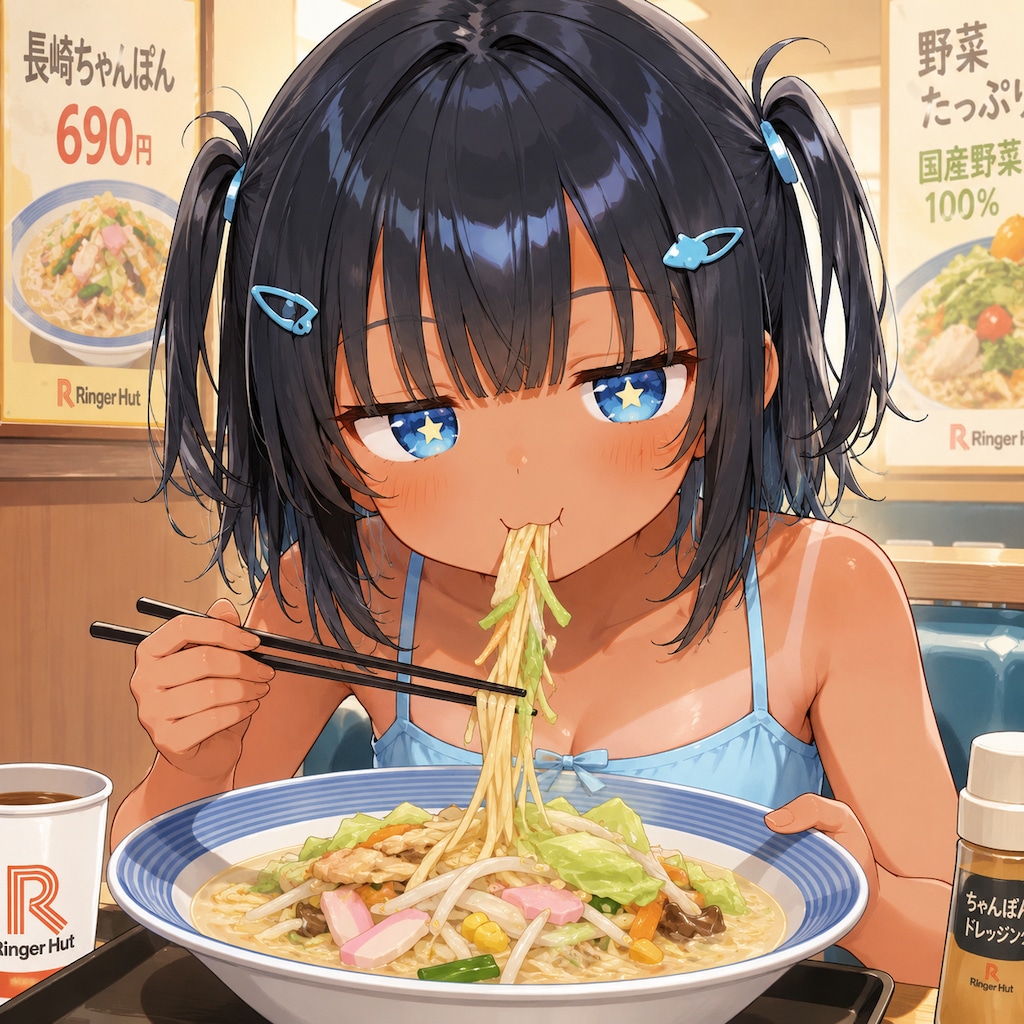 長崎ちゃんぽんを食べるこなつちゃん