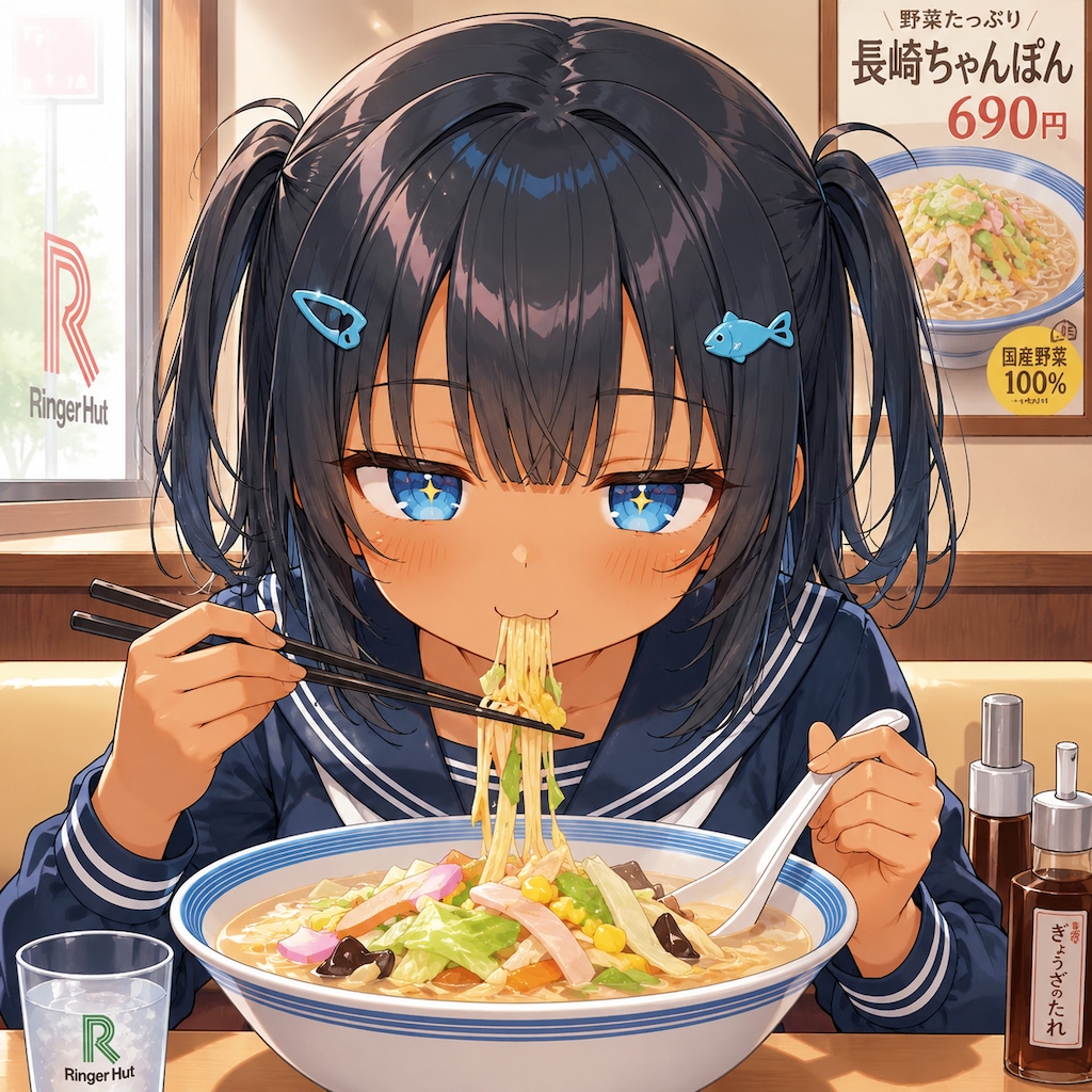 長崎ちゃんぽんを食べるこなつちゃん