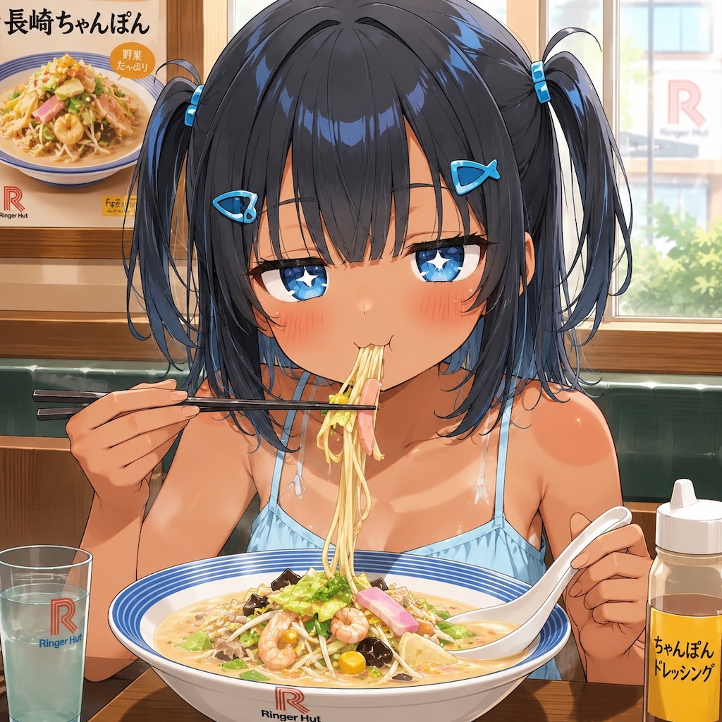 長崎ちゃんぽんを食べるこなつちゃん