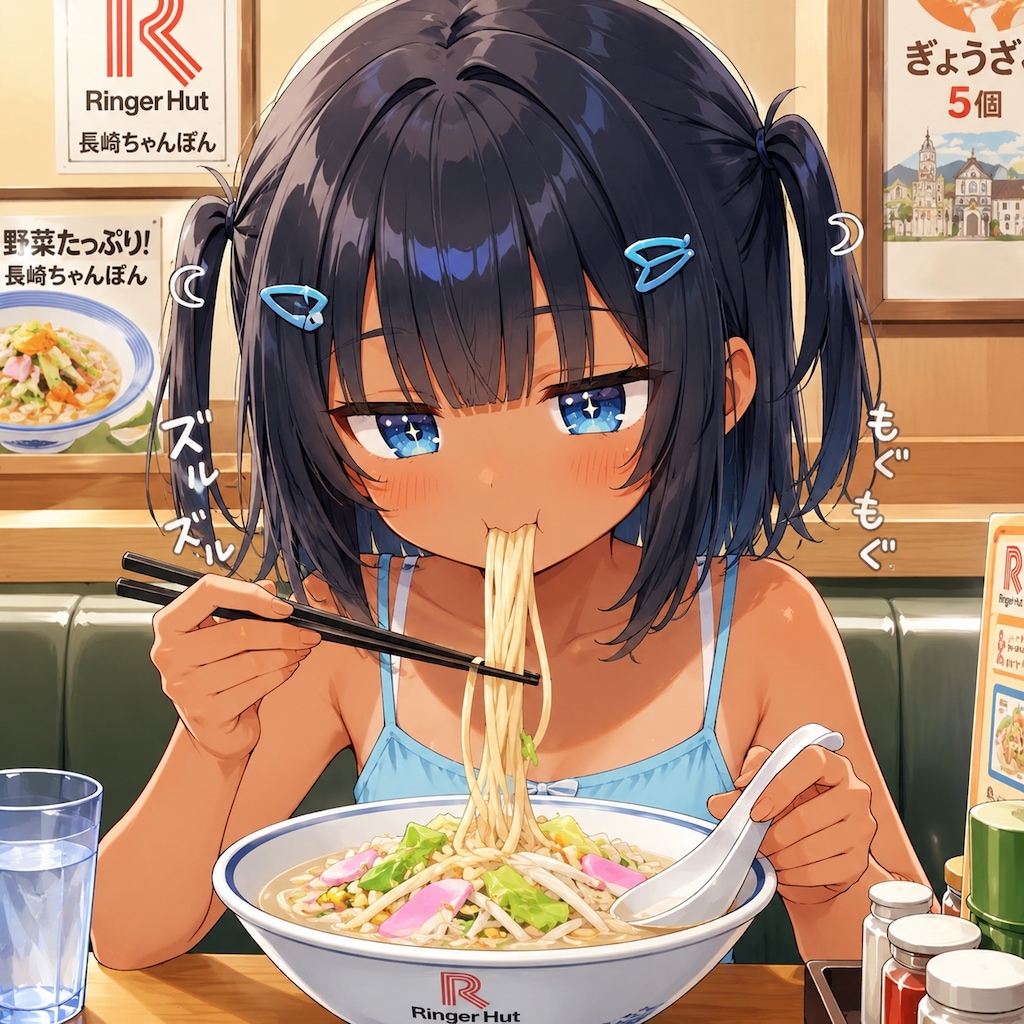 長崎ちゃんぽんを食べるこなつちゃん
