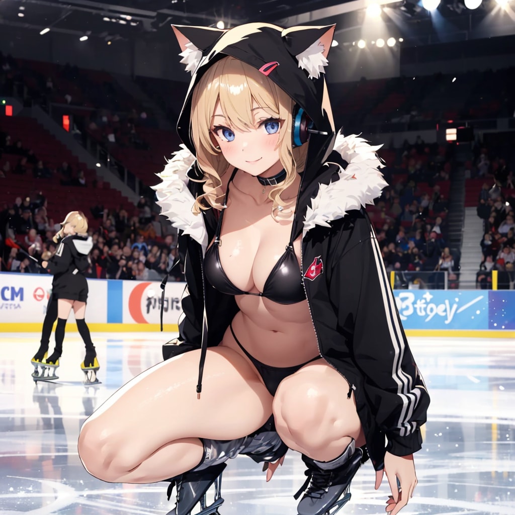 フィギアスケートをするネコ耳パーカーマイクロビキニ少女