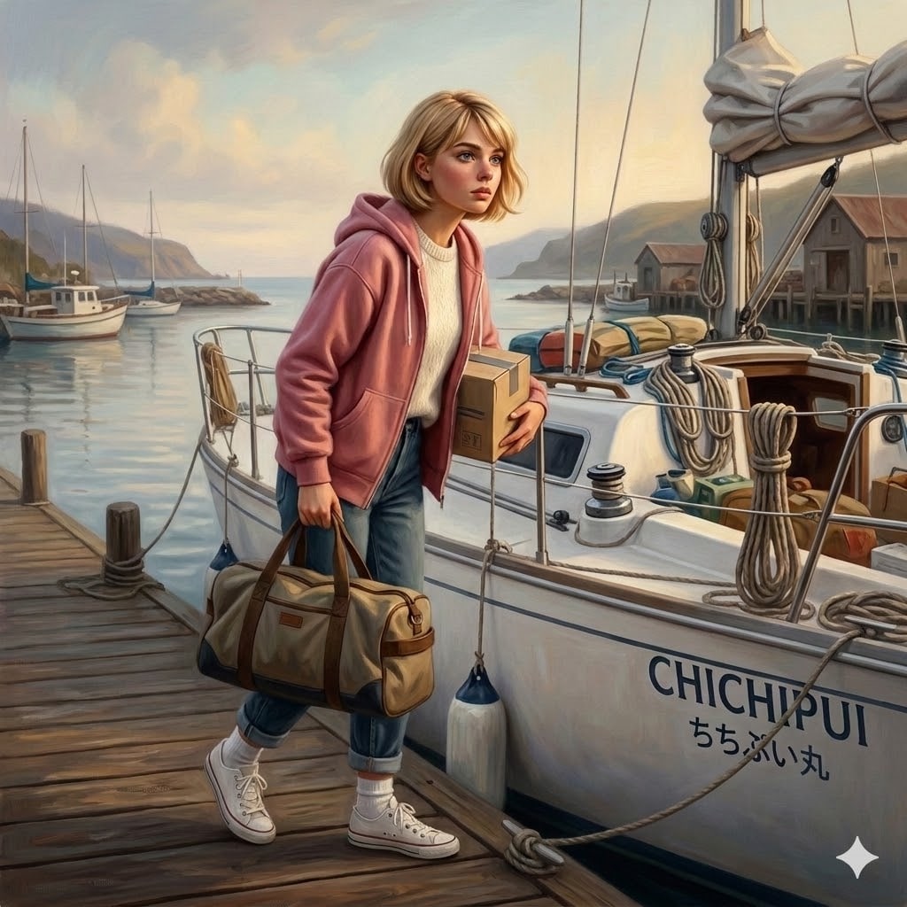 ヨットに荷物を積み込む女性、ちちぷいちゃん