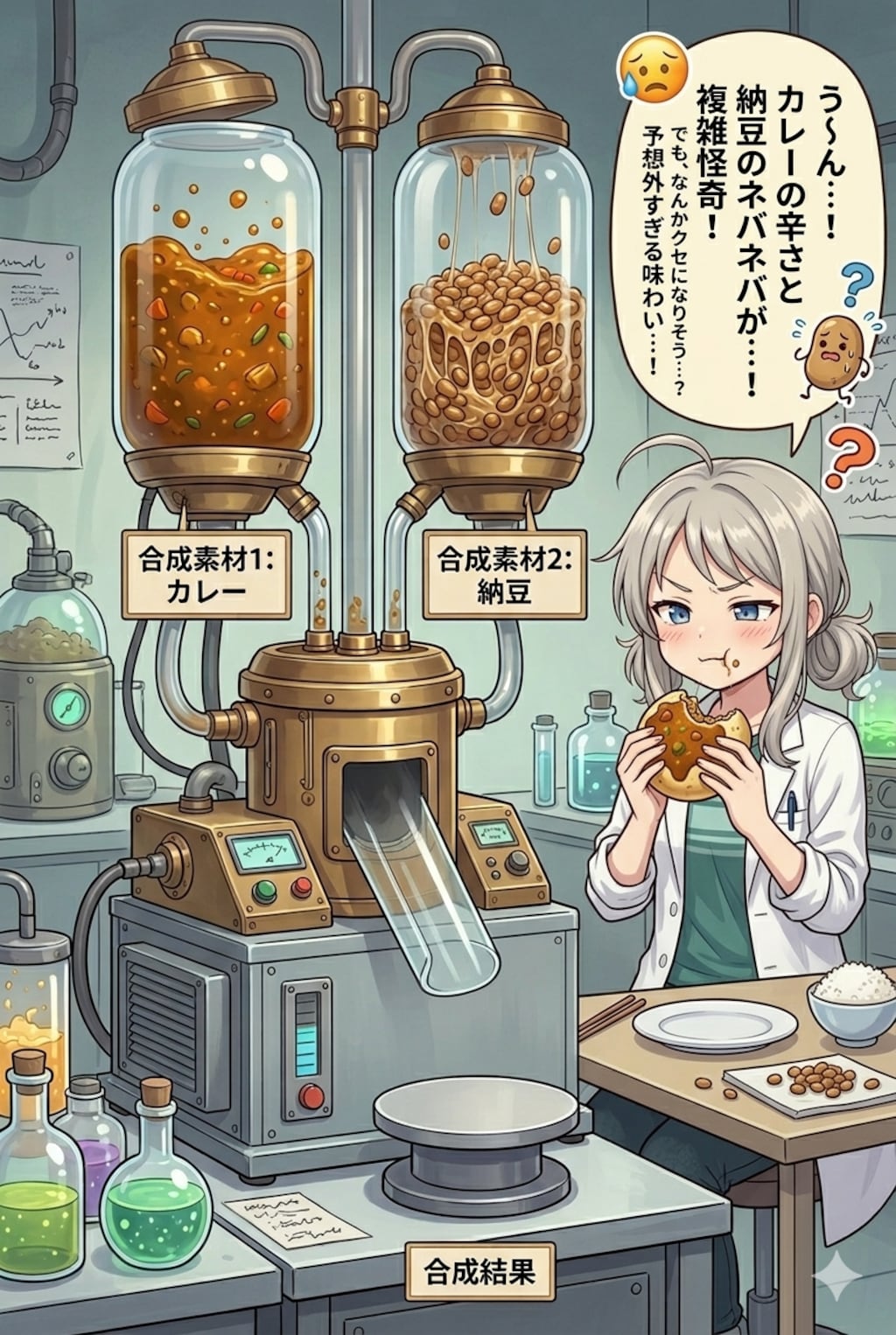 カレーと納豆、チョコとラムネで合成