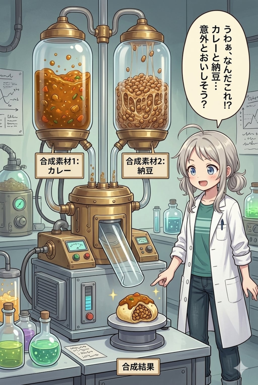 カレーと納豆、チョコとラムネで合成