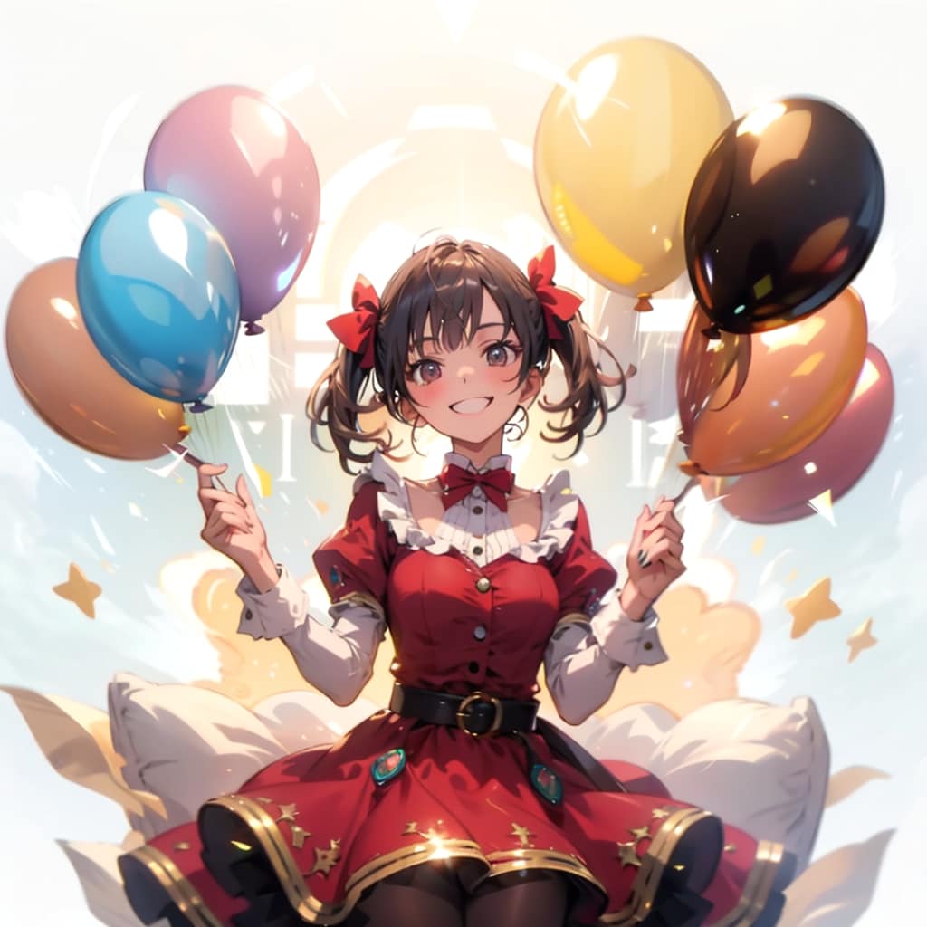 いっぱい風船を持つブラウンショートカットの美女。