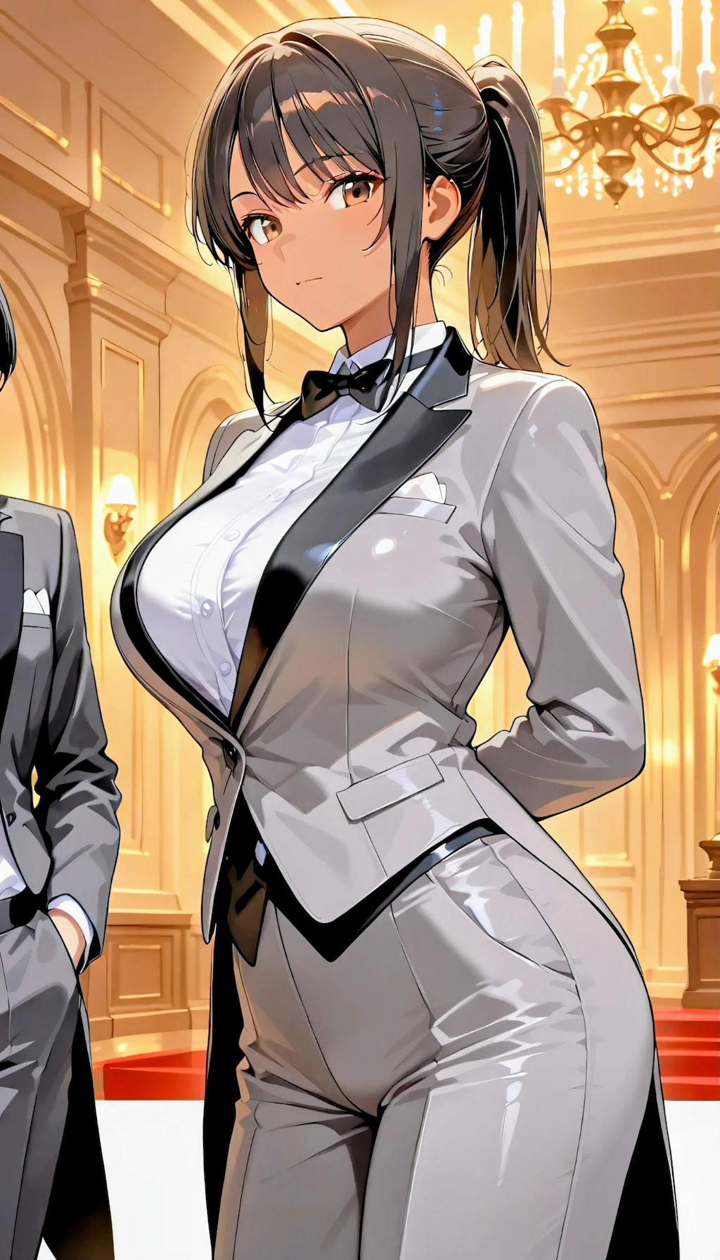 タキシードの女性が、